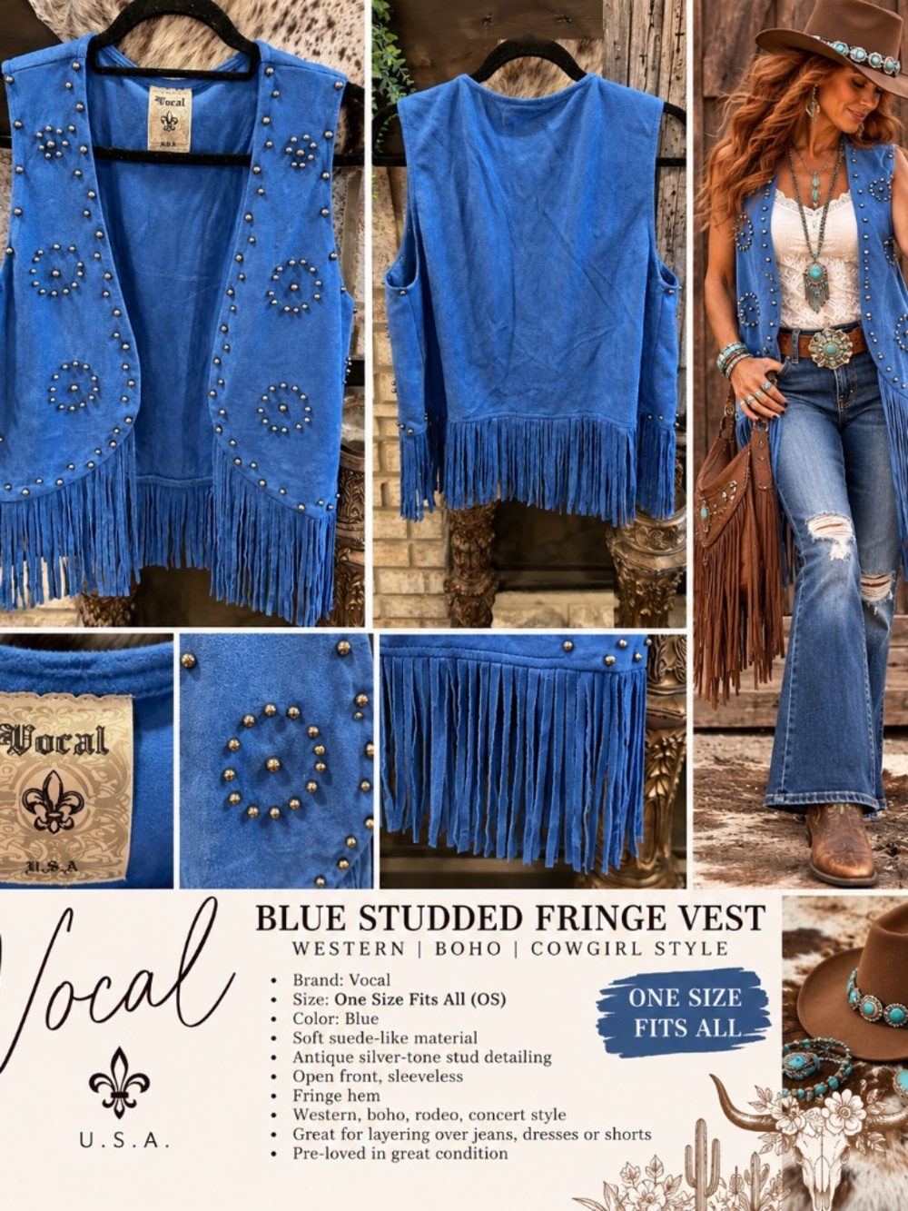 Vocal Blue Studded Fringe Vest Western Boho Cowgirl One Size